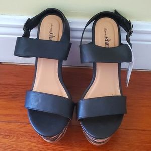 Cork and black pattern wedges